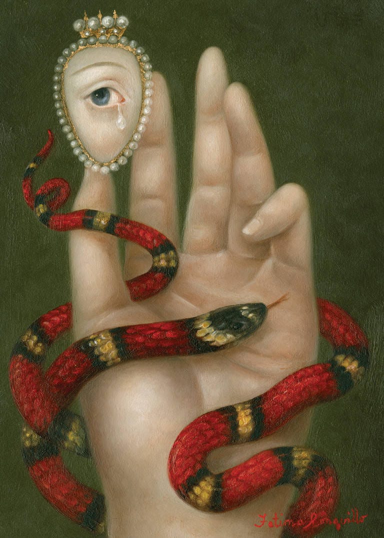 Fatima Ronquillo, Hand With Snake and Weeping Eye, 2016, Oil on panel, 7 x 5 inches https://fatimaronquillo.com/portfolio/hand-with-snake-and-weeping-eye/