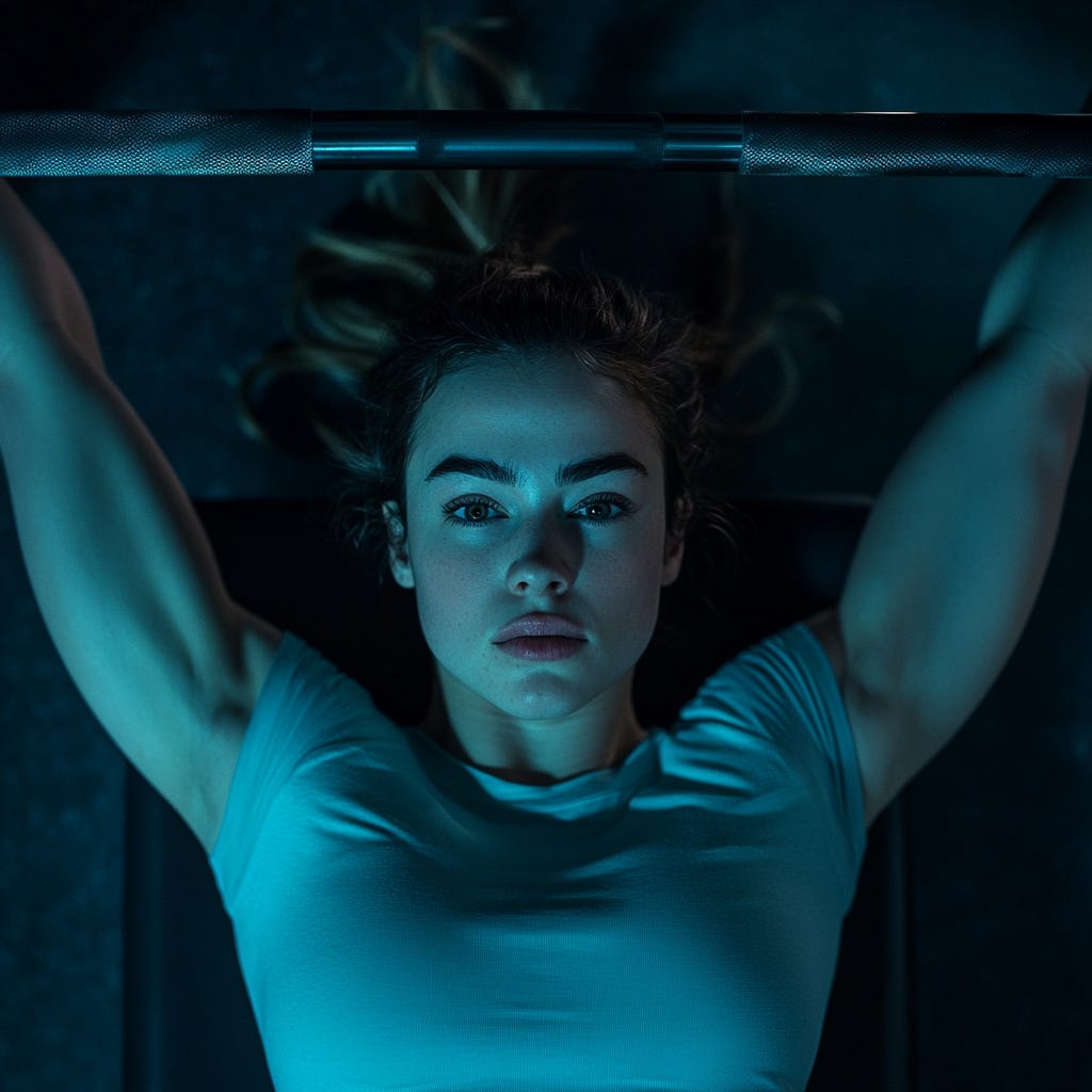 Strong woman stretching and resting between sets of barbell bench press in a dark gym with some light blue fluorescent lighting. 