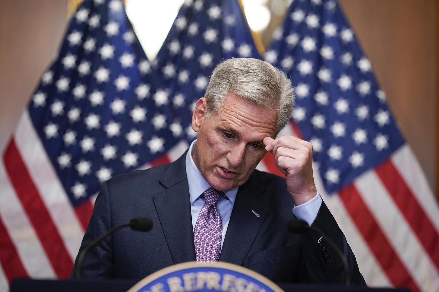 Rep. Kevin McCarthy speaks to reporters hours after he was ousted as Speaker of the House, Oct. 3, 2023. 