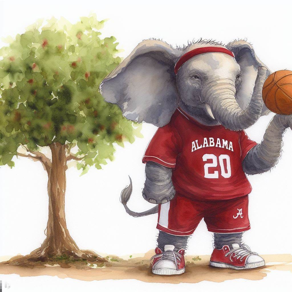 Elephant in an Alabama shirt, playing basketball, next to a Sycamore tree, watercolor