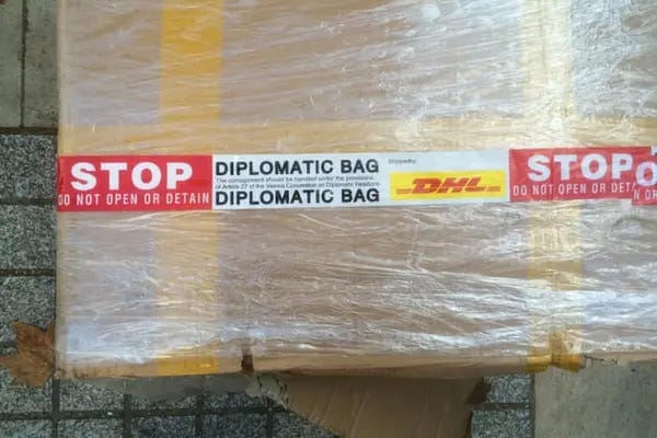 An example of what a diplomatic bag looks like - the &quot;bag&quot; has diplomatic immunity from search or seizure, as codified in Article 27 of the 1961 Vienna Convention on Diplomatic Relations.