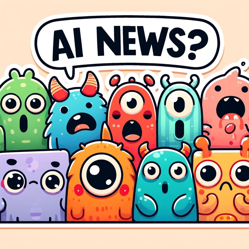 A group of cute monsters in a simple sticker style, looking shocked. The monsters are in different colors and have a Pixar style with a minimalist design. They have exaggerated features like big eyes and expressive faces. Each monster has unique quirky details such as tiny horns, wings, or different shaped bodies. A banner above them says 'AI news?!' in bold, playful font. The overall feel is whimsical and lighthearted, suitable for stickers.
