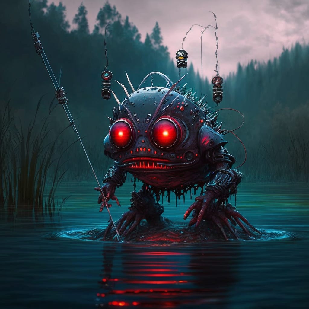 malevolent robot with red glowing eyes going fishing in a lake with a fishing rod
