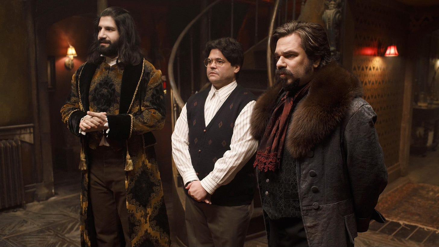 Nandor (Kayvan Novak), Guillermo (Harvey Guillén), and Laszlo (Matt Berry) in What We Do in the Shadows