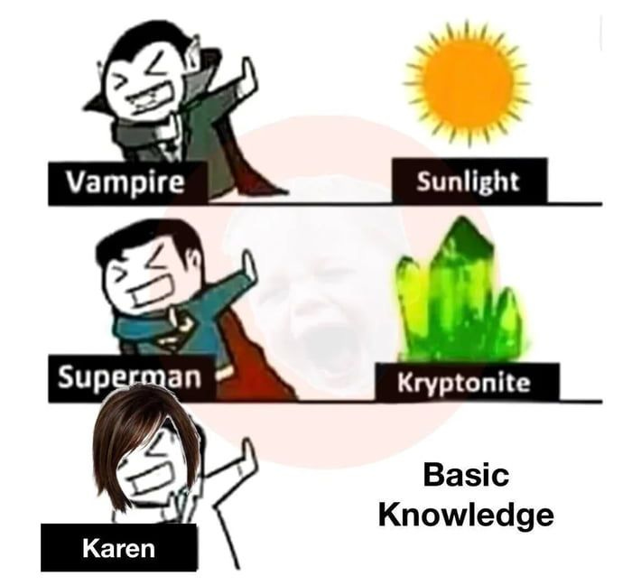 Series of three levels of drawings. On the top, on the left is a vampire, holding hands up to shield against sunlight. In the middle, Superman holds hands up to shield against kryptonite. On the bottom, a Karen holds up her hands to shield against "BASIC KNOWLEDGE"