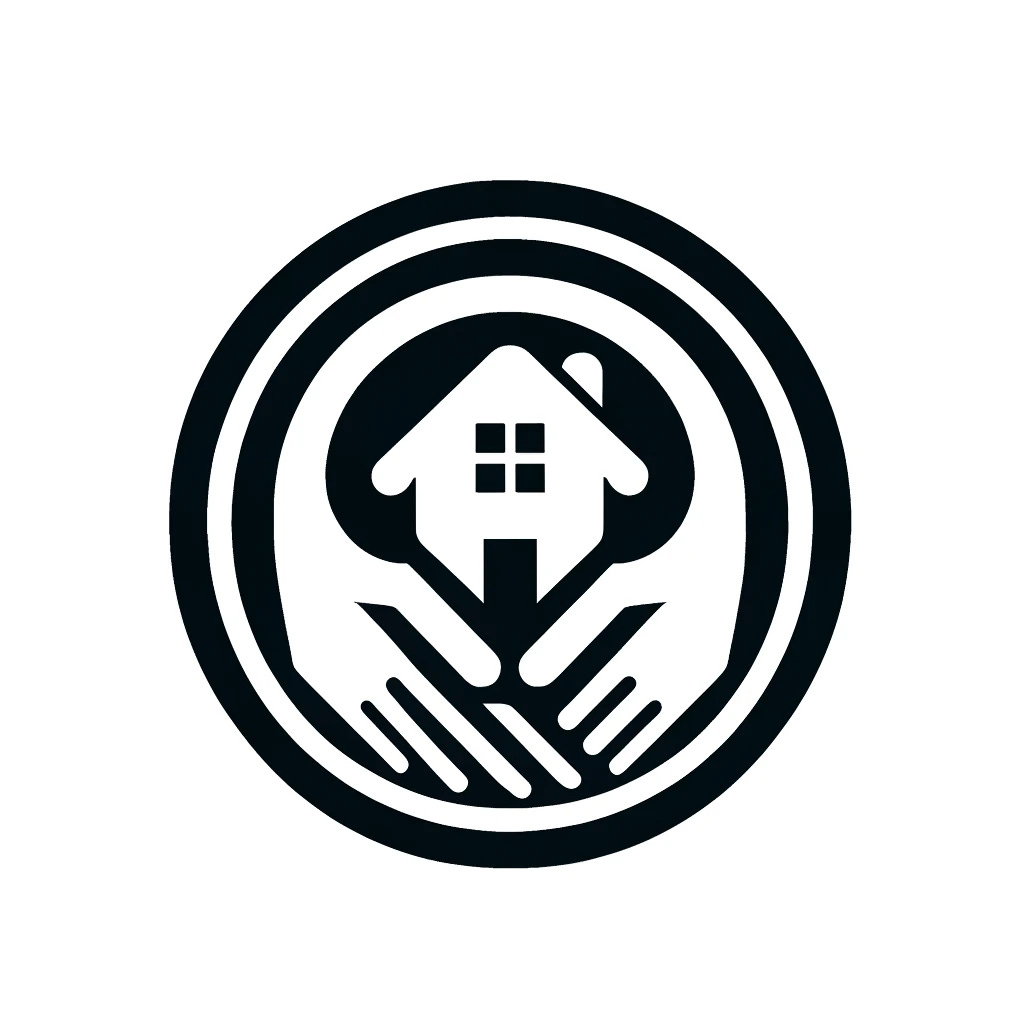 Design a professional logo featuring a circle of interlinked hands around a house. The style should be vibrant yet fairly simple and minimalistic. The color palette is black and white, creating a striking contrast. The logo should convey a sense of unity and community, suitable for a housing or community-focused organization.