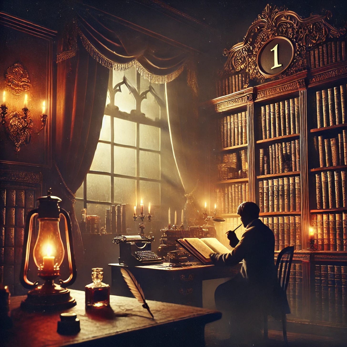 The featured image for the first clue of The Weekly Whoop #5, the fifth edition of our weekend puzzle-solving contest. It evokes a late nineteenth century vibe and depicts a man in a study at night.