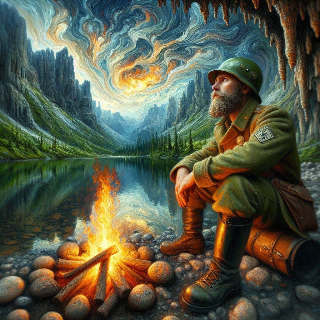 chunky oil painting with chunky paint scraper paint. Hyper-realistic; tilt shift; Lensbaby Effect: Close up heroic mans face sitting by fire in army green boots. Border green moss cave, and reflecting water.vast distance. black sky pouring in like smoke fu Quatrefoil:cream Gothic Tracery:Louver yellow/chartreuse decorative ceiling tiles.Hundertwasserhaus, Vienna, Austria: Vast distance. black starry sky, moonglow. Single Candle