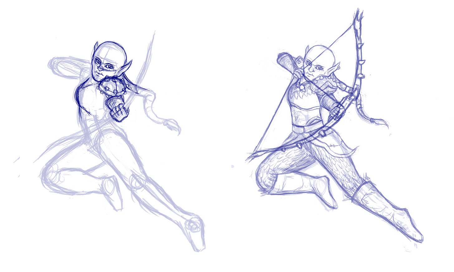 Two sketches done in blue pencil in different states of completion. The sketches show an orc hunter gracefully leaping through the air and firing an arrow towards the viewer.