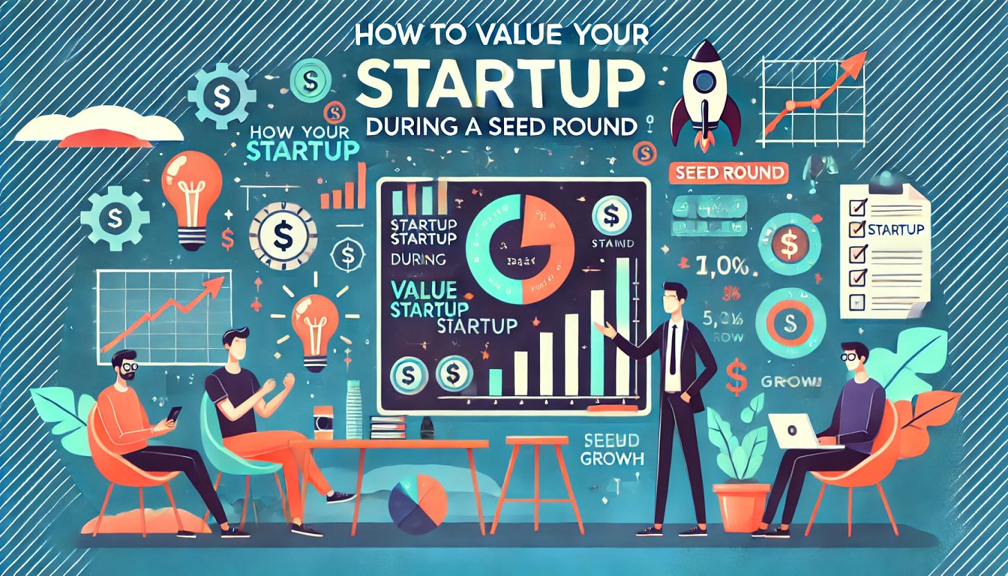 A 2D flat illustration depicting a startup founder discussing valuation strategies with investors. The scene includes a whiteboard with graphs, charts, and funding indicators. The text 'How to Value Your Startup During a Seed Round' is prominently displayed in modern typography. The color scheme is vibrant with startup-themed elements such as light bulbs, rocket ships, and financial growth symbols.