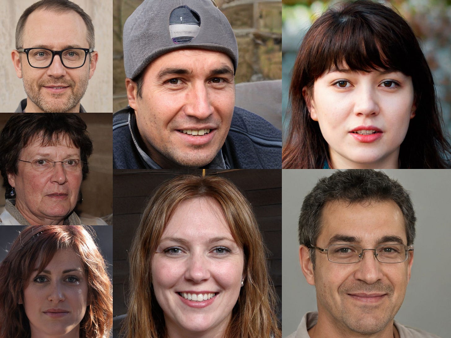 seven GAN-generated faces used as avatars by the accounts in the network