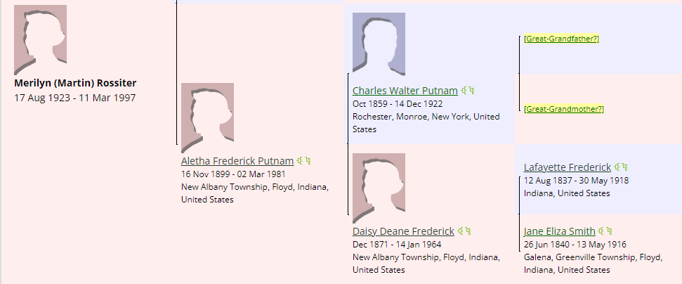 screen capture of Merilyn (Martin) Rossiter's maternal ancestry