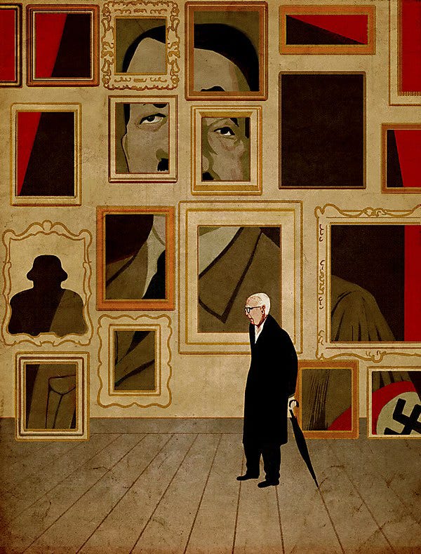 A drawing of a white-haired old man in a gallery of paintings with the face of Hitler. 