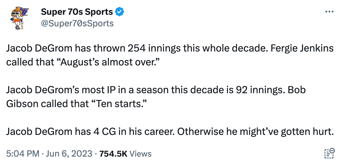 "Jacob DeGrom has thrown 254 innings this whole decade. Fergie Jenkins called that “August’s almost over.”   Jacob DeGrom’s most IP in a season this decade is 92 innings. Bob Gibson called that “Ten starts.”  Jacob DeGrom has 4 CG in his career. Otherwise he might’ve gotten hurt."