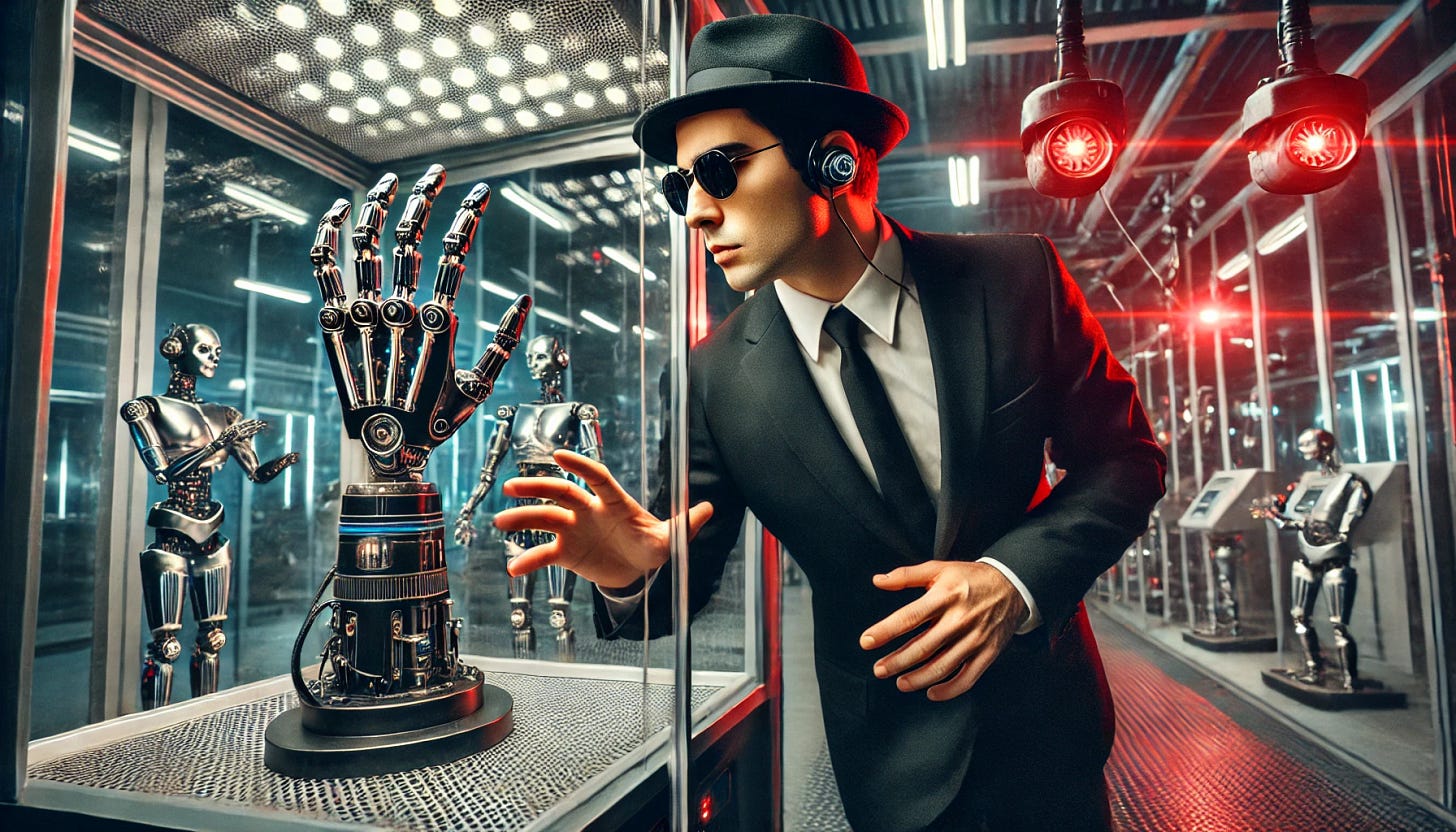 A traditional human spy wearing a classic black suit and tie, with sunglasses and an earpiece, sneaking inside a high-tech robotics factory. The spy is in the act of stealing a robotic hand from a secure glass display case. The robotic hand looks advanced and intricate, glowing faintly with internal lights. The factory background features futuristic machines and robotic components, but the spy clearly stands out as a human. The lighting is low and dramatic, with red security lights and shadows creating a tense atmosphere. A camera or laser grid can be seen in the background to suggest high security.