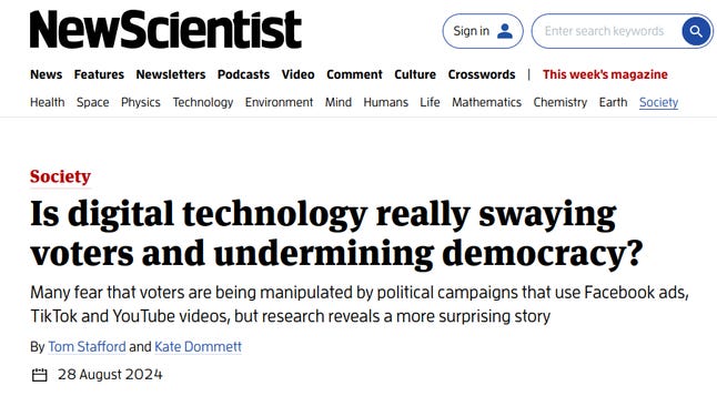 screenshot. New Scientist website. Headline "Is digital technology really swaying voters and undermining democracy?"