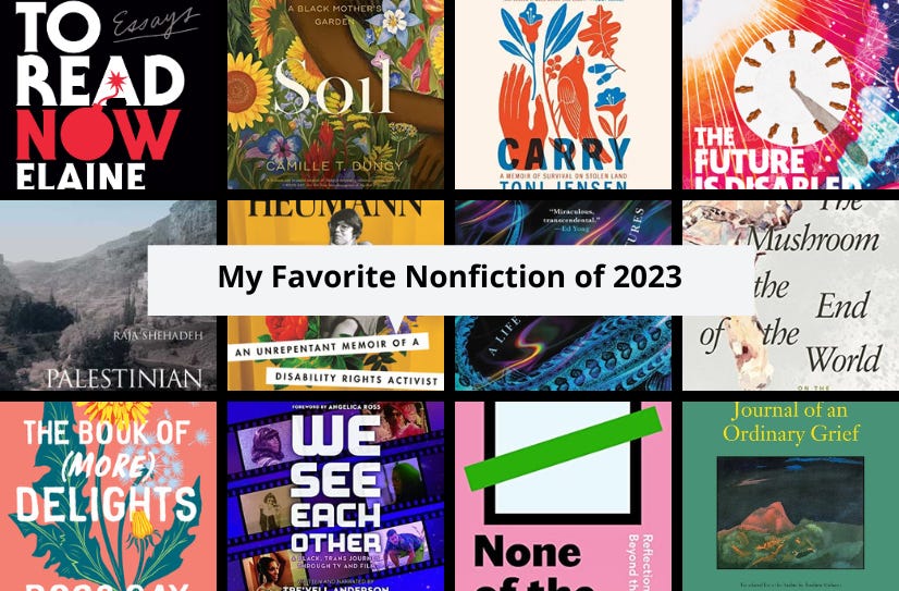 Small cover images of 12 of the listed books surrounding the text: My Favorite Nonfiction of 2023.