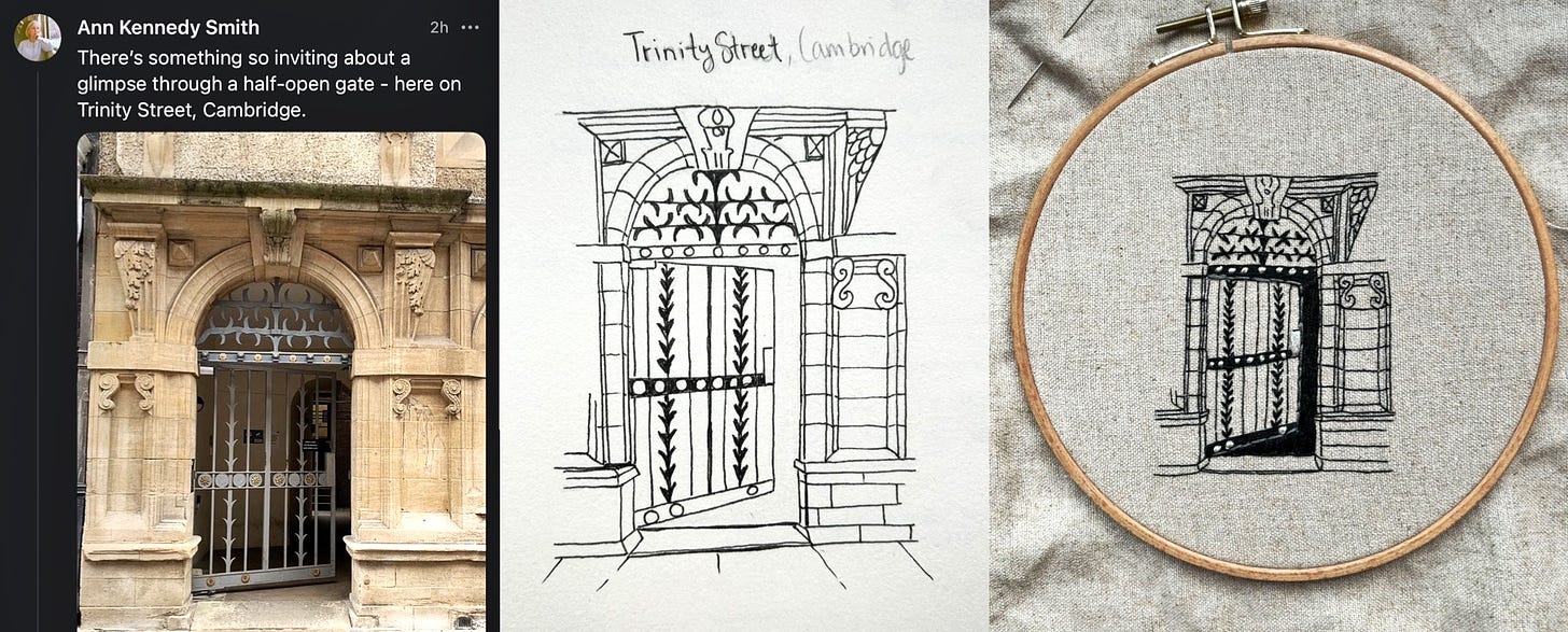 Evolvement of embroidery design from image to drawing to final embroidery of an open door on Trinity Street in 