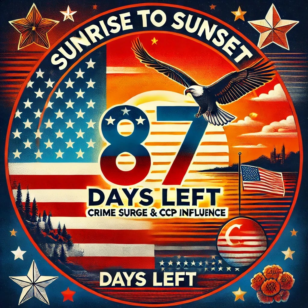 Patriotic-themed image for 'Sunrise to Sunset: 87 Days Left – Crime Surge & CCP Influence' featuring a sunrise over an American flag subtly incorporated into the background with the number '87' prominently displayed.