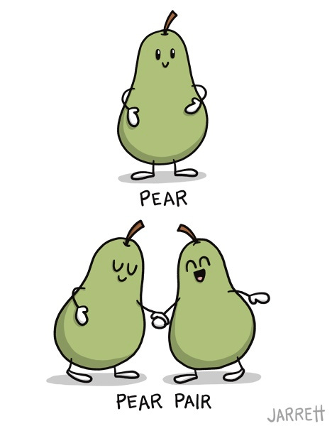 A green pear fruit labelled PEAR. Two smiling pears holding hands and labelled PEAR PAIR.