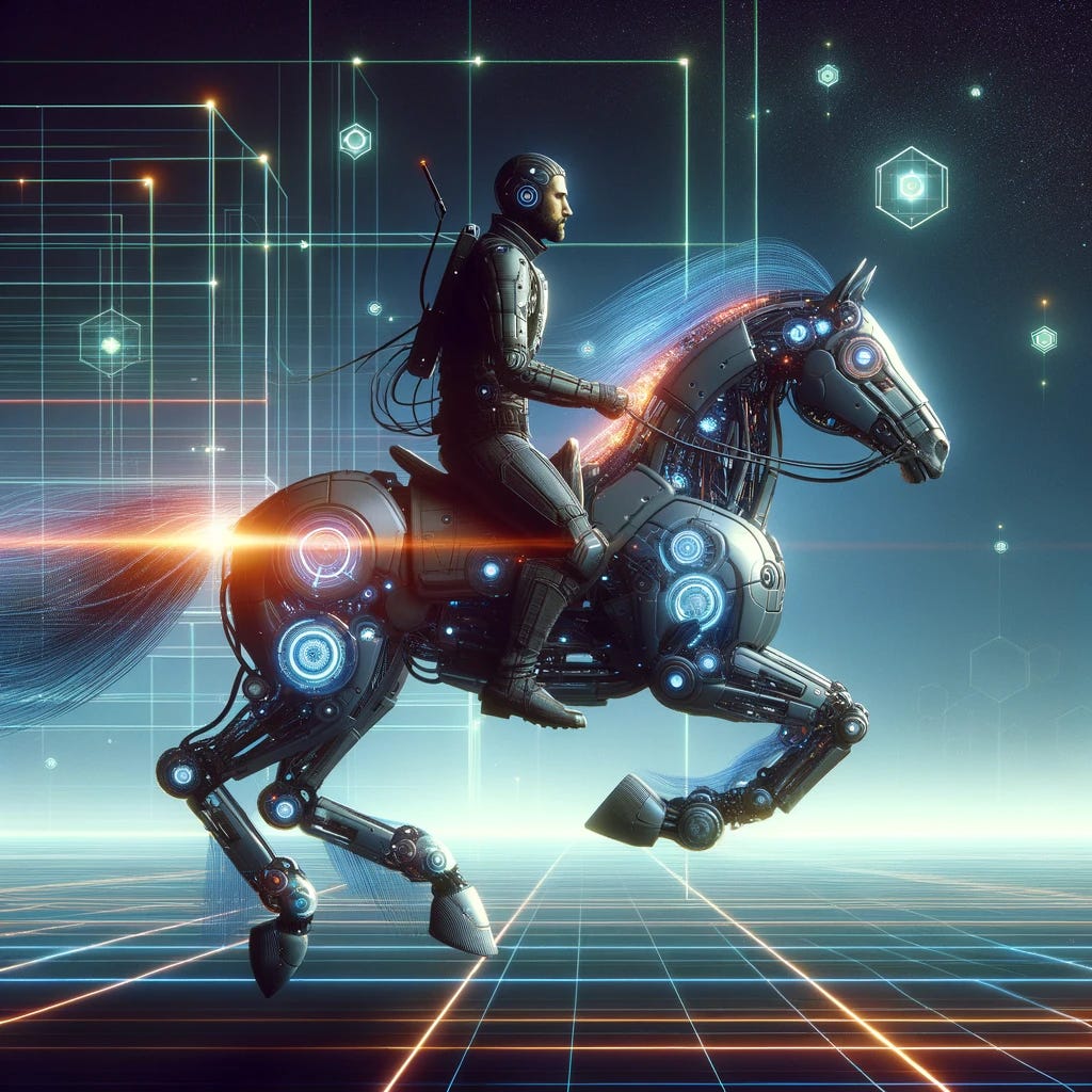 An image of a futuristic human explorer riding a cyborg horse. The horse is a blend of robotic elements and organic features, galloping through a digital landscape that represents new frontiers of creativity. The background is a vast expanse of virtual reality space with floating geometric shapes and neon grids that suggest a limitless digital realm. The human is equipped with advanced gear, possibly holding a digital map or device that symbolizes discovery and innovation.