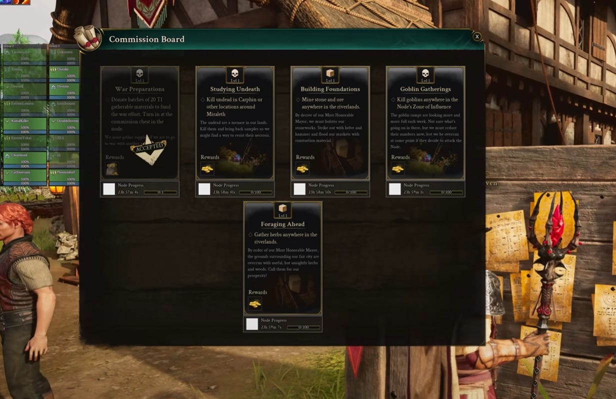 Commission Board showing options for players to accept and contribute to