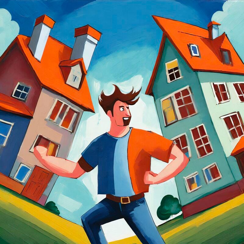Colorful cartoon painting of a man with brown wavy hair in between two houses.