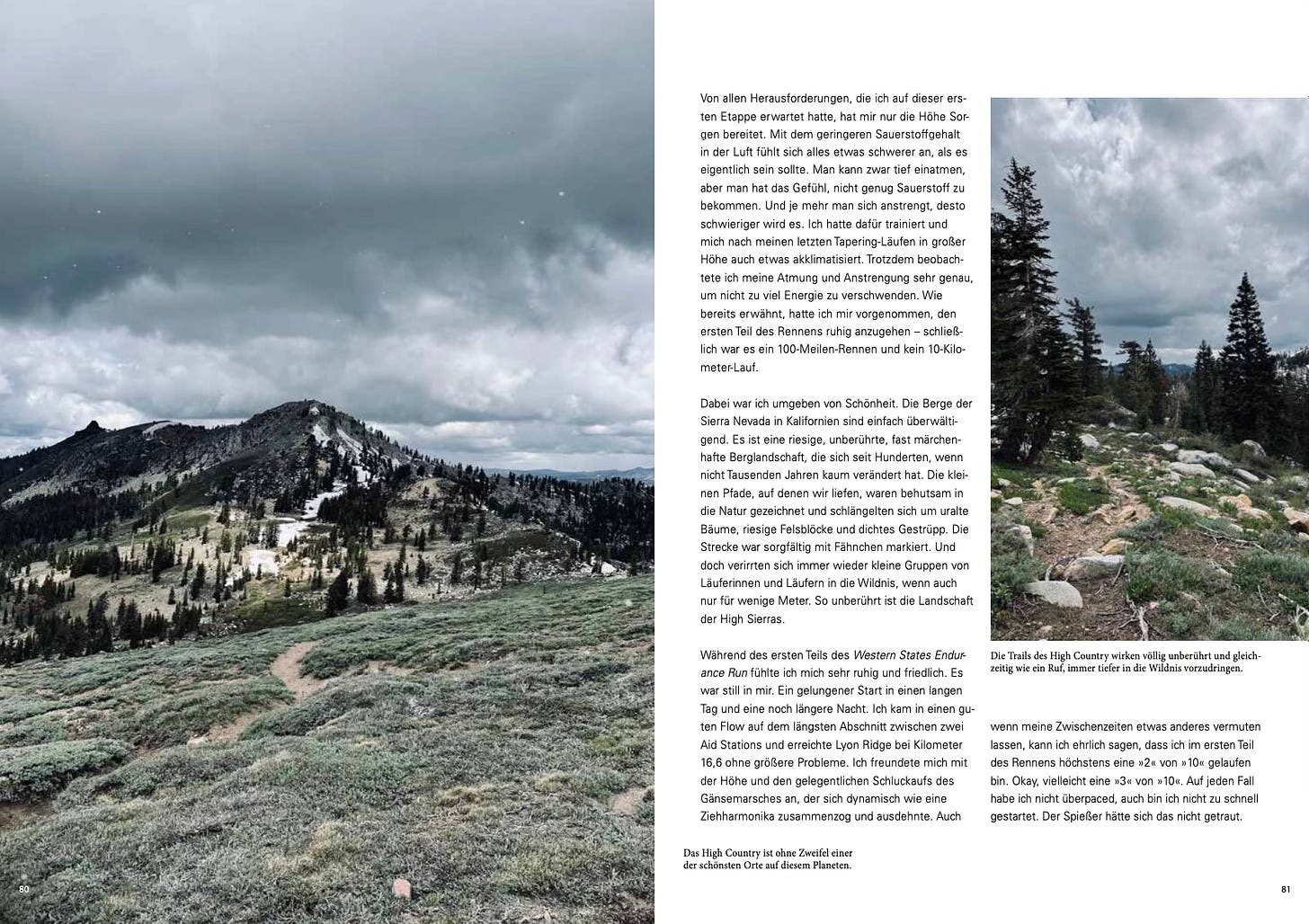 A double page of Hundert-Meilen-Herz showing 2 photos of the High Country of Western States 100