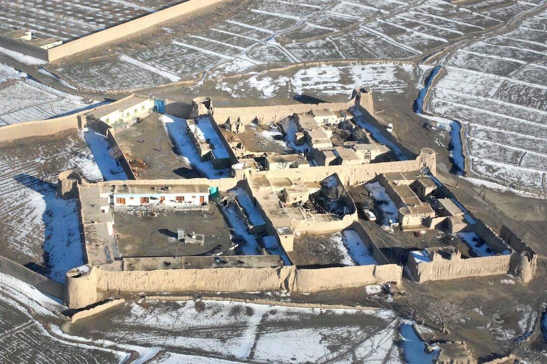 An aerial view shows a traditional Afghanistan mud and straw qalat, Feb. 7, 2009. The fortresses can take years to finish, but can last hundreds of years, and are passed down from generation to generation. Large, extended families make each qalat home.