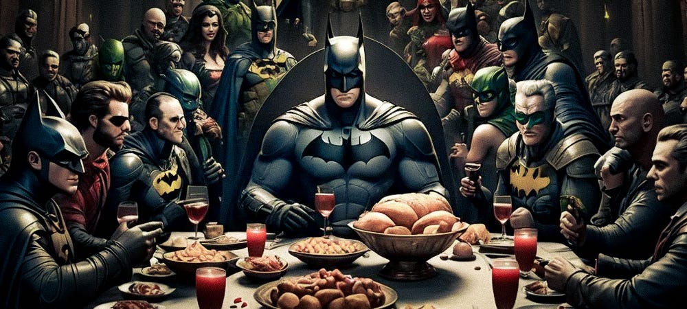 My problem with this AI-generated image is not that it mimics the Last Supper, but that it appears Batman did not bring enough food for everyone.