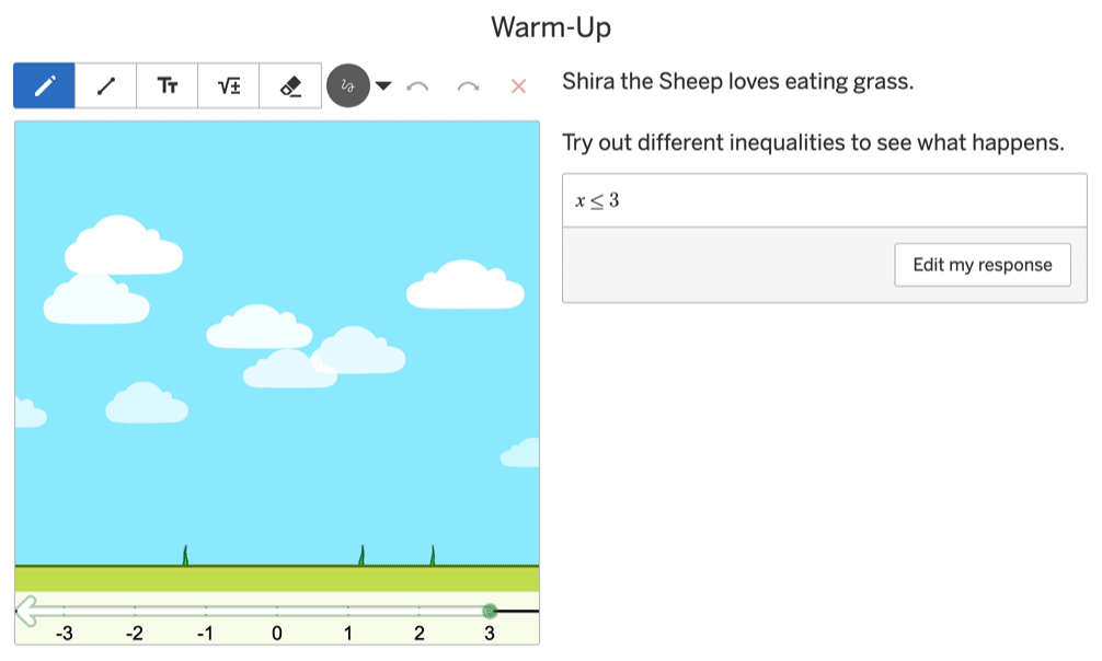 An image of a screen where someone types in x≤3 and a sheep responds by dropping onto x = 3 and moving to the left off the screen.
