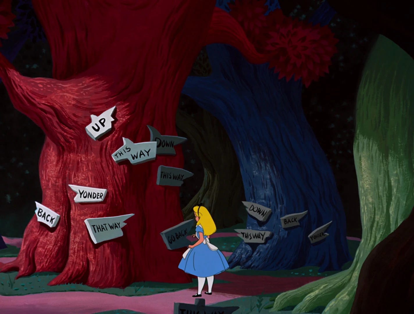 Alice stands under a tree with signs pointing in every direction