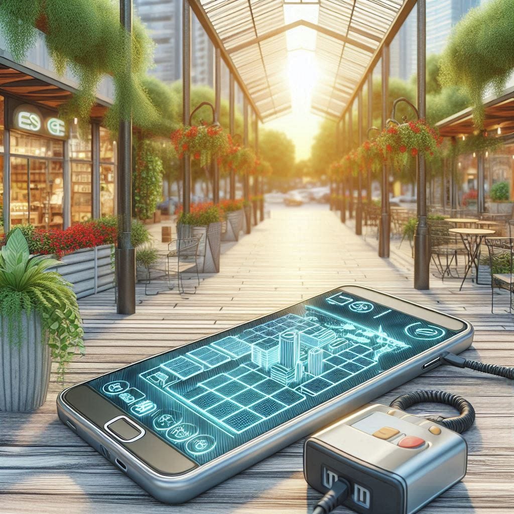 phone with aed in an outdoor solarpunk mall, solarpunk drawing