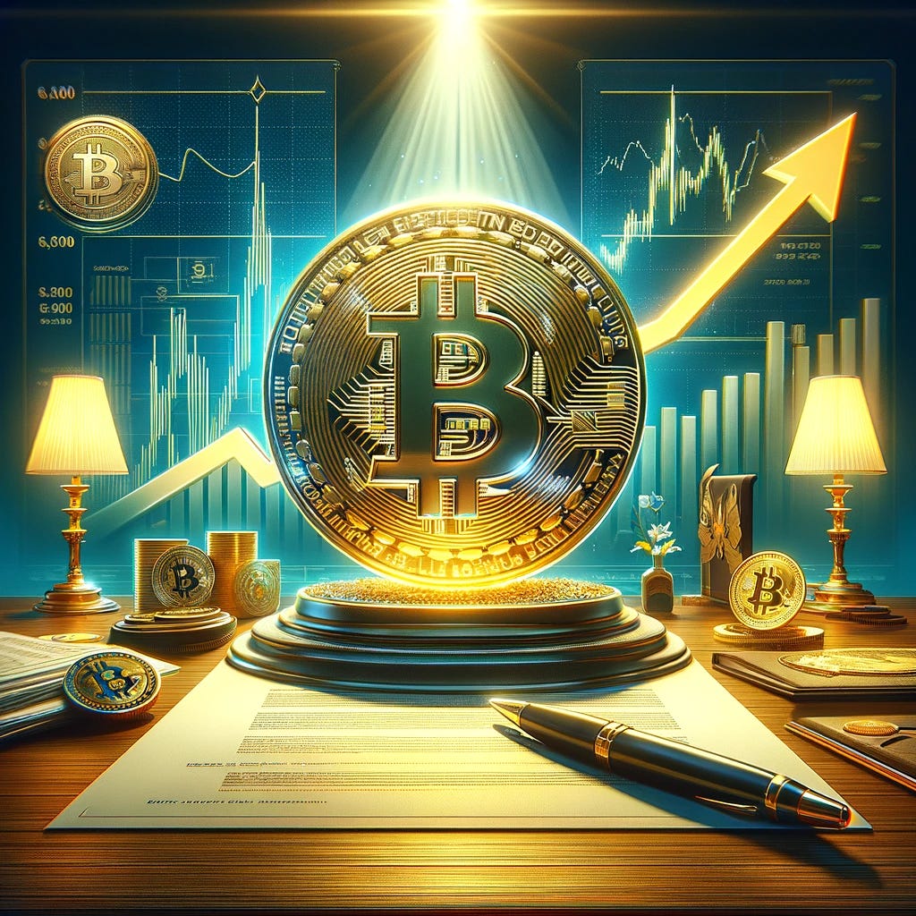 Create an image that visually represents the current Bitcoin situation, emphasizing optimism and growth, with a focus on the expected approval of Bitcoin ETFs. The scene should feature a large, shining Bitcoin symbol at the forefront, symbolizing strength and resilience. In the background, incorporate elements such as a graph with an upward trajectory and official documents or seals to represent the ETF approval process. The overall mood should be positive and forward-looking, capturing the anticipation and potential impact of ETF approvals on Bitcoin's value and acceptance. The color scheme should include gold, green, and blue to convey prosperity, growth, and trust.