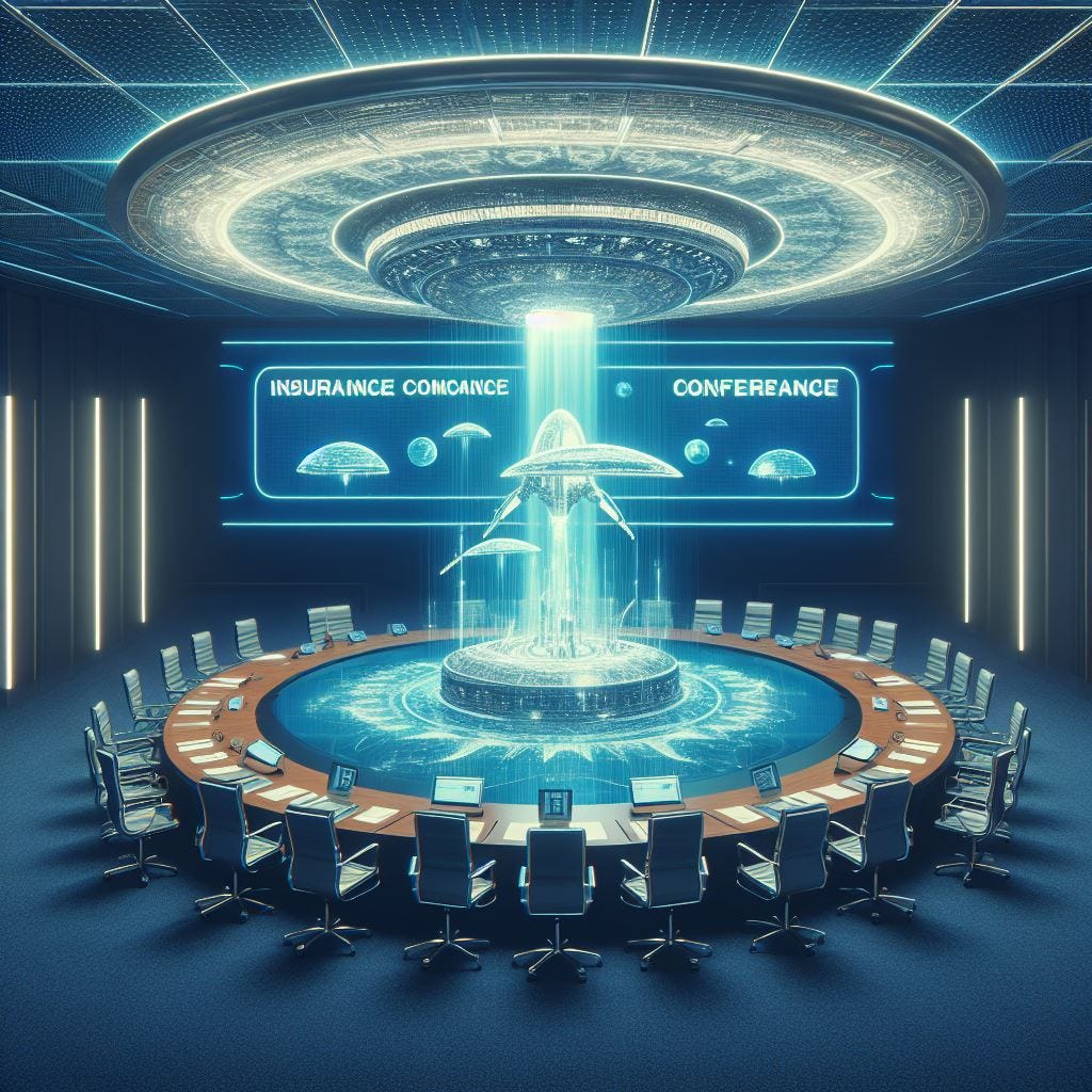 insurance company conference room with a spaceship hologram in the middle, 60s sci-fi art