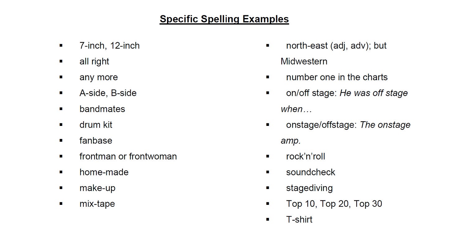 A page from a style guide, headed "Specific spelling examples". It includes "soundcheck", "stagediving" and "Top 10".