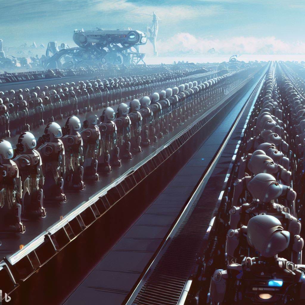 a long production line of robots and androids stretching into the distance where a spaceship is loading them