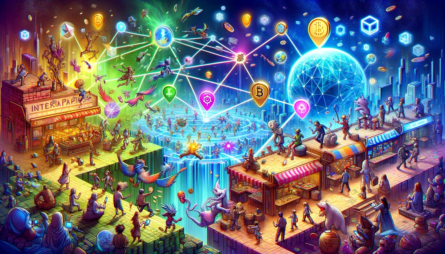 A dynamic and colorful image depicting interoperability in the world of tokenized assets, inspired by video game item trading. In the center, a vibrant digital marketplace is bustling with characters from various video games, each representing different investment platforms and cryptocurrencies. They are trading items and assets effortlessly between games, symbolizing seamless interoperability. Above this scene, digital bridges connect various game worlds and financial systems, illustrating the concept of different systems working together. The atmosphere is lively and engaging, with tokens and assets flowing smoothly like game items, making the complex world of investments accessible and fun.