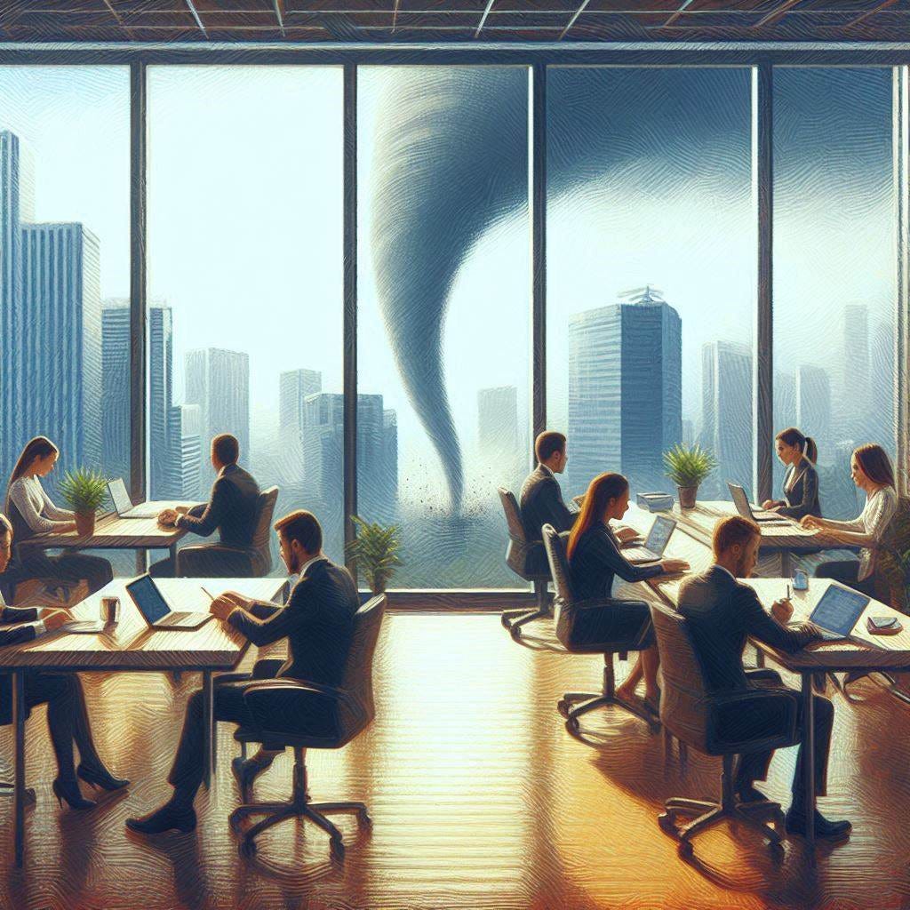 A group of professionals work in an office. No one is looking outside. Outside one window there is a tornado. Slight impressionist style.