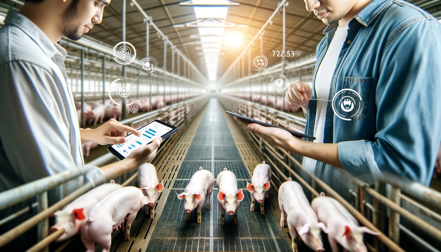 Farmers using sensors and monitoring devices in a pig farm, with pigs visible and technology being used. The image shows a modern barn with clean conditions, and farmers looking at data on handheld devices.