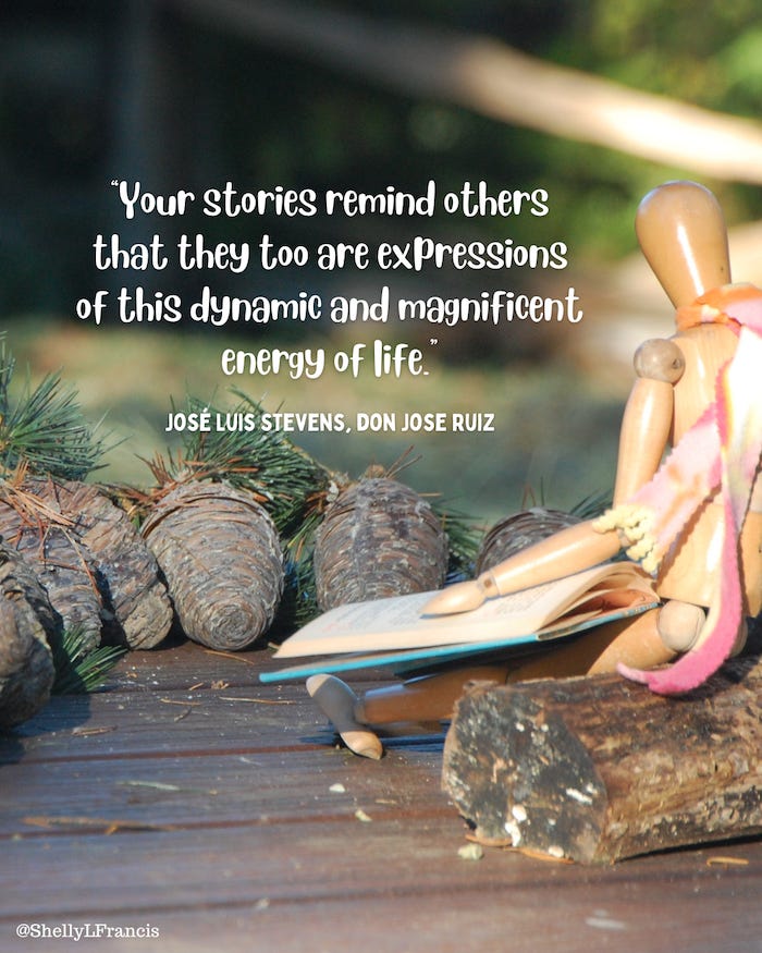 “Your stories remind others that they too are expressions of this dynamic and magnificent energy of life.”  José Luis Stevens, don Jose Ruiz. Behind the quote is a photograph of a wooden art manikin sitting on a log, reading a book to a row of pinecones (photo by Shelly Francis).