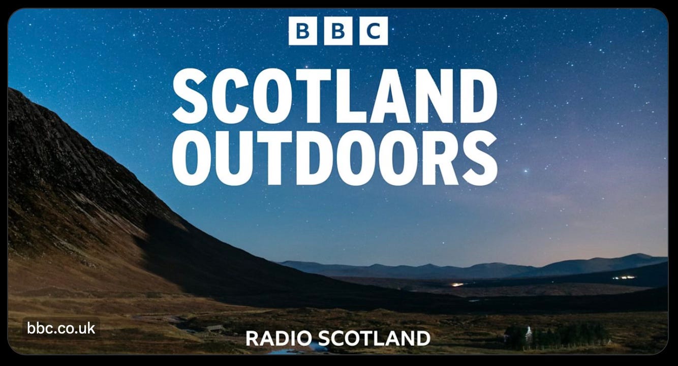 screen shot of the BBC Scotland Outdoors podcast with white text of the title in the centre and 'radio Scotland' at the bottom of an image of a dusk to night time view of a starry blue sky over a silhouetted landscape of rural Scotland.