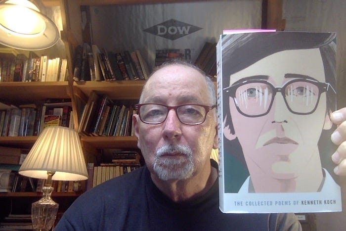 Photo of an aged-and-humorless substacker holding a copy of The Collected Poems of Kenneth Koch, which features a stylized portrait of the poet.