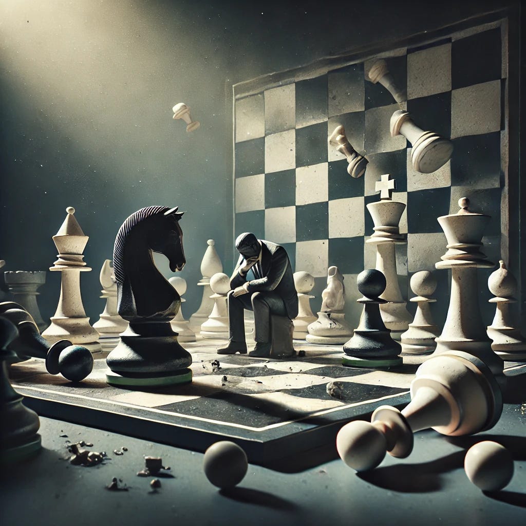 An image representing fallacious reasoning with a chess theme. The image features a chessboard with pieces positioned in an illogical or impossible way, such as a king being checkmated by a pawn. Some pieces might be falling off the board, while others are in strange positions, symbolizing flawed arguments. The background should have a dark, moody atmosphere with subtle hints of confusion, such as shadows that don't match the pieces. The colors should be muted, with a focus on black, white, and gray tones, to convey a sense of error and miscalculation.