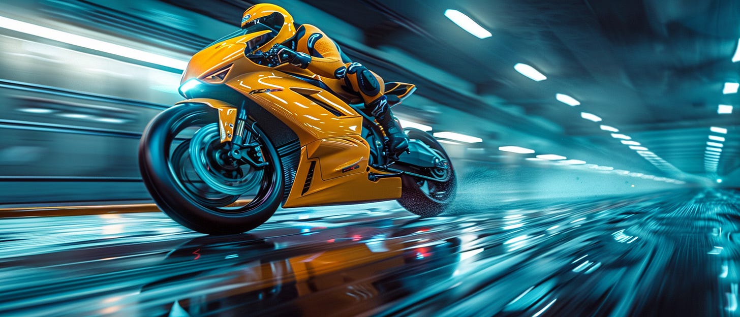Man racing in a yellow futuristic speedbike