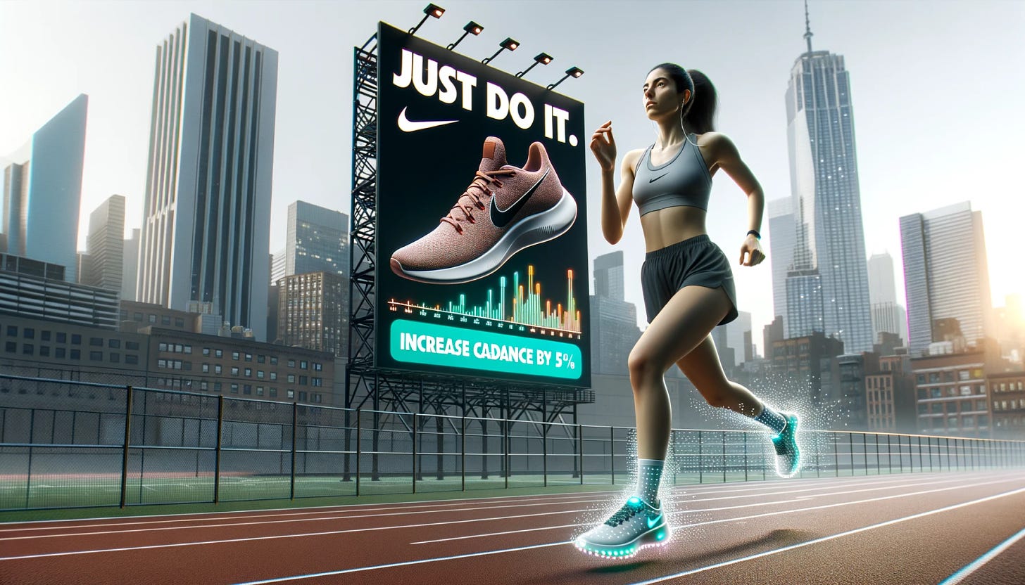 Render of an urban running track with a female runner of Hispanic descent running energetically. Behind her, a Nike billboard stands tall, displaying the iconic 'Just Do It' slogan. Beside the text, a digital representation of the runner's feet appears, with LED lights showcasing her foot strike dynamics. A floating chat bubble reads 'Increase cadence by 5%', demonstrating the real-time feedback from Nike's 'Just Train It' initiative.