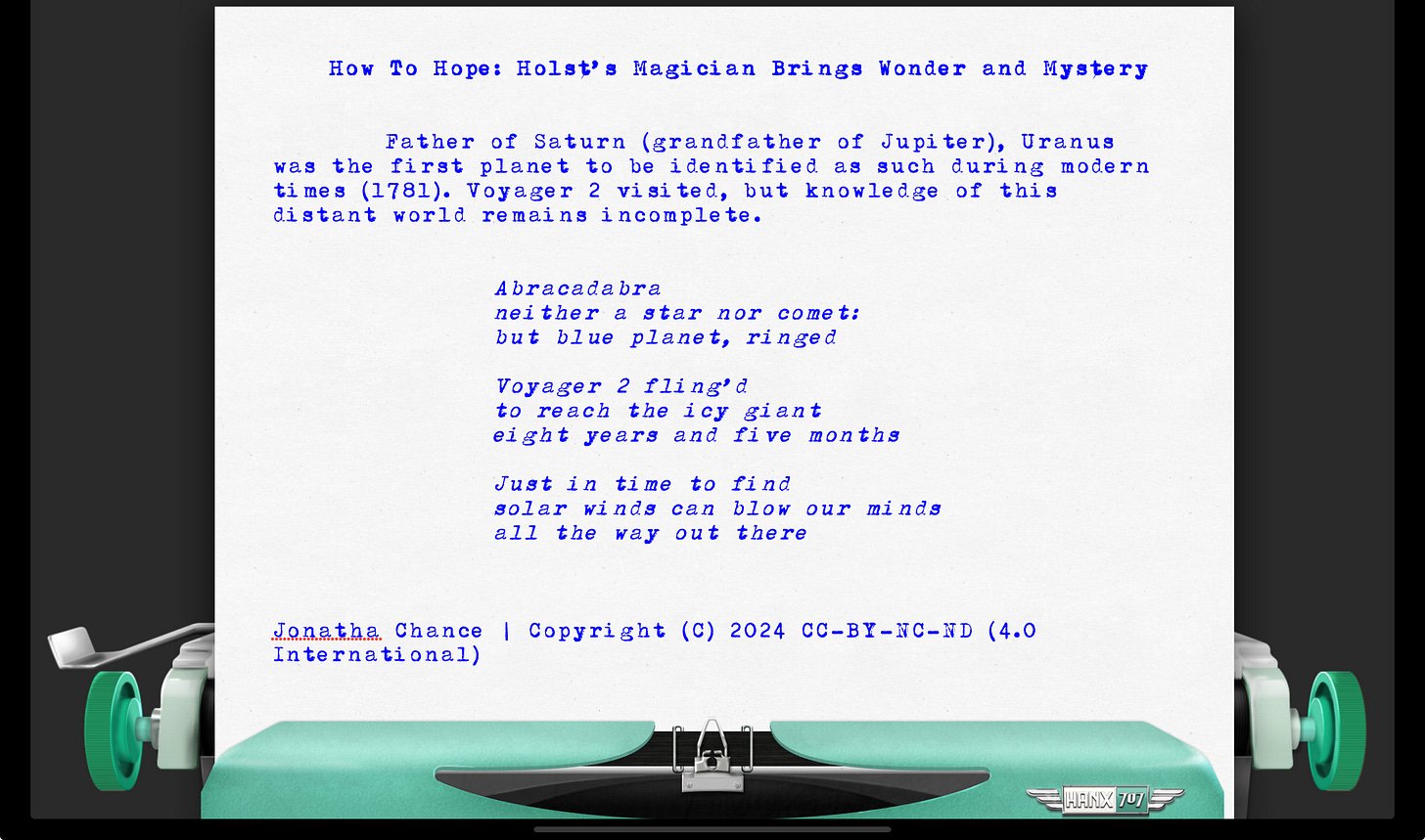 17 sounds by Jonatha Chance rendered on the Hanx 707 virtual typewriter with Hanx Writer app. 17 sounds by Jonatha Chance rendered on the Hanx 707 virtual typewriter with Hanx Writer app.