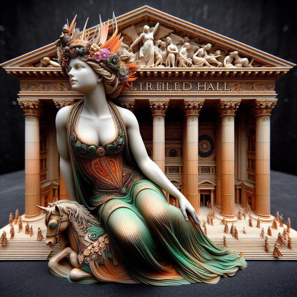 hyper realistic tiltshift 4d angle glass embedded Altgeld hall building/ black,coral orange, pink, cream, olive/ woman inside Altgeld hall in olive,chartrues,midnightblue, white Victorian bust / drewhite feather scarf/ psychadelic steampunk headress/she is sitting on a unicorn. water in resin/ honey-wood and copper/ Marquetry, verdigris./ standing on stage/ people dancing in distance/ In the style of Michael Parkes. black etching/ black linework/ white tiger / black sky 