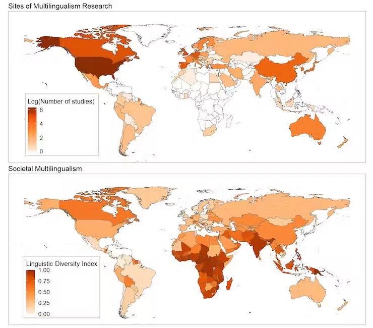Two maps which show that research about multilingualism is concentrated in high income countries, even though linguistic diversity is actually highest in low income countries