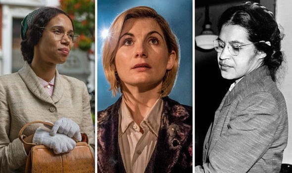 This triptych shows, from left to right, Rosa Parks as played by Vinette Robinson in Doctor Who Series 11's third episode ("Rosa"), the Thirteenth Doctor (played by Jodie Whittaker), and the real Rosa Parks in a black-and-white photo taken during her 1 December 1955 arrest for refusing to move to the back of a segregated Montgomery, Alabama bus. This triptych shows, from left to right, Rosa Parks as played by Vinette Robinson in Doctor Who Series 11's third episode ("Rosa"), the Thirteenth Doctor (played by Jodie Whittaker), and the real Rosa Parks in a black-and-white photo taken during her 1 December 1955 arrest for refusing to move to the back of a segregated Montgomery, Alabama bus.